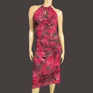 Y2K Le Chateau Halter Midi Dress Size M Burgundy Glitter Floral Asymmetrical Hem